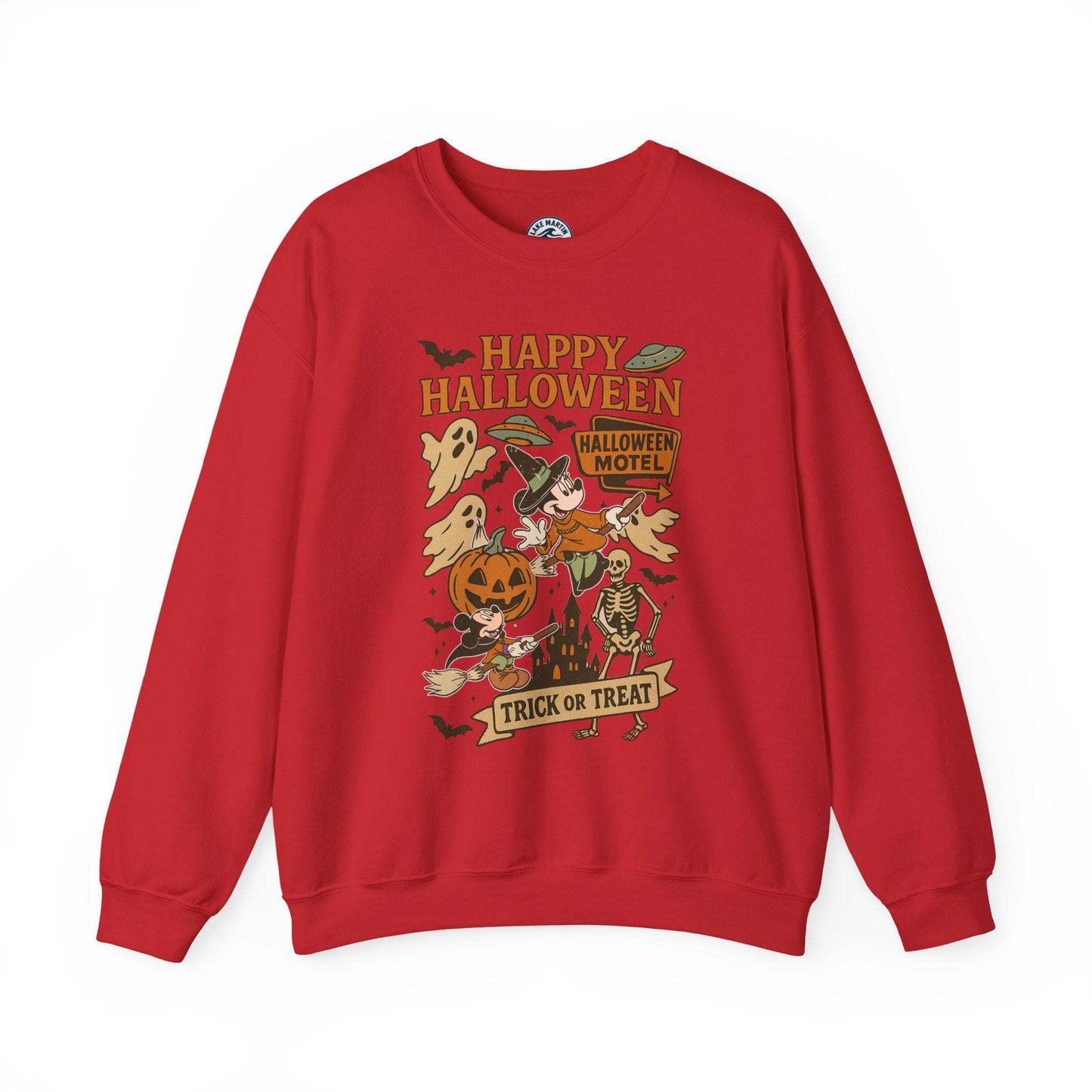 Halloween crewneck sweatshirt with vintage "Happy Halloween" trick-or-treat design featuring witch, skeleton, pumpkins, and ghosts