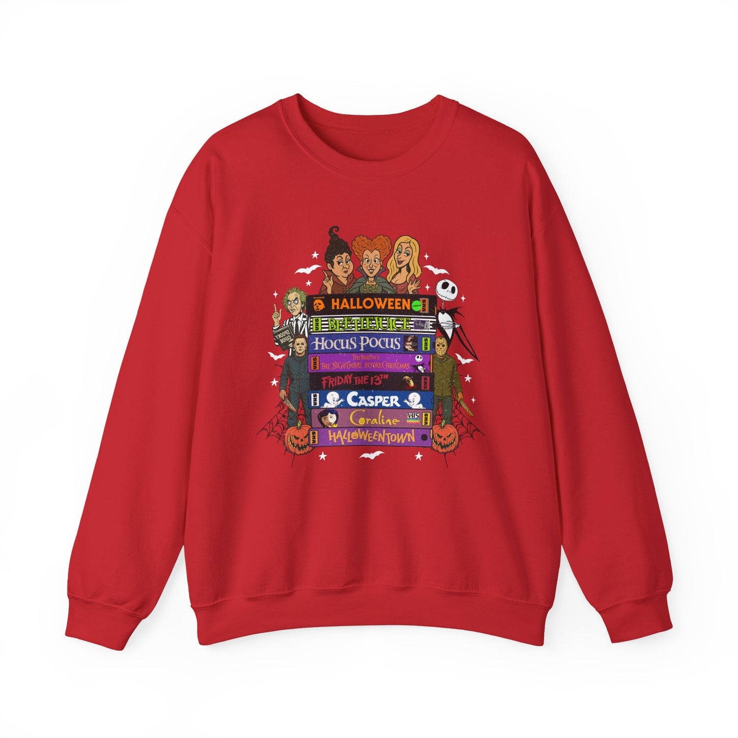 Colorful Halloween Movie Stack Sweatshirt with spooky VHS tape graphic and seasonal characters on front