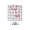 Roll Tide can cooler with gray plaid design and red script text on foam koozie