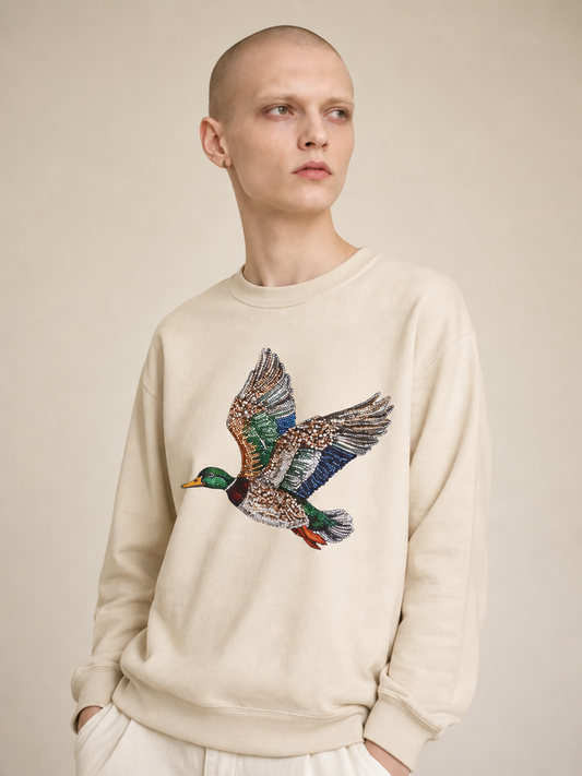 Flying mallard duck design faux rhinestone sweatshirt with colorful wildlife print on cozy crewneck
