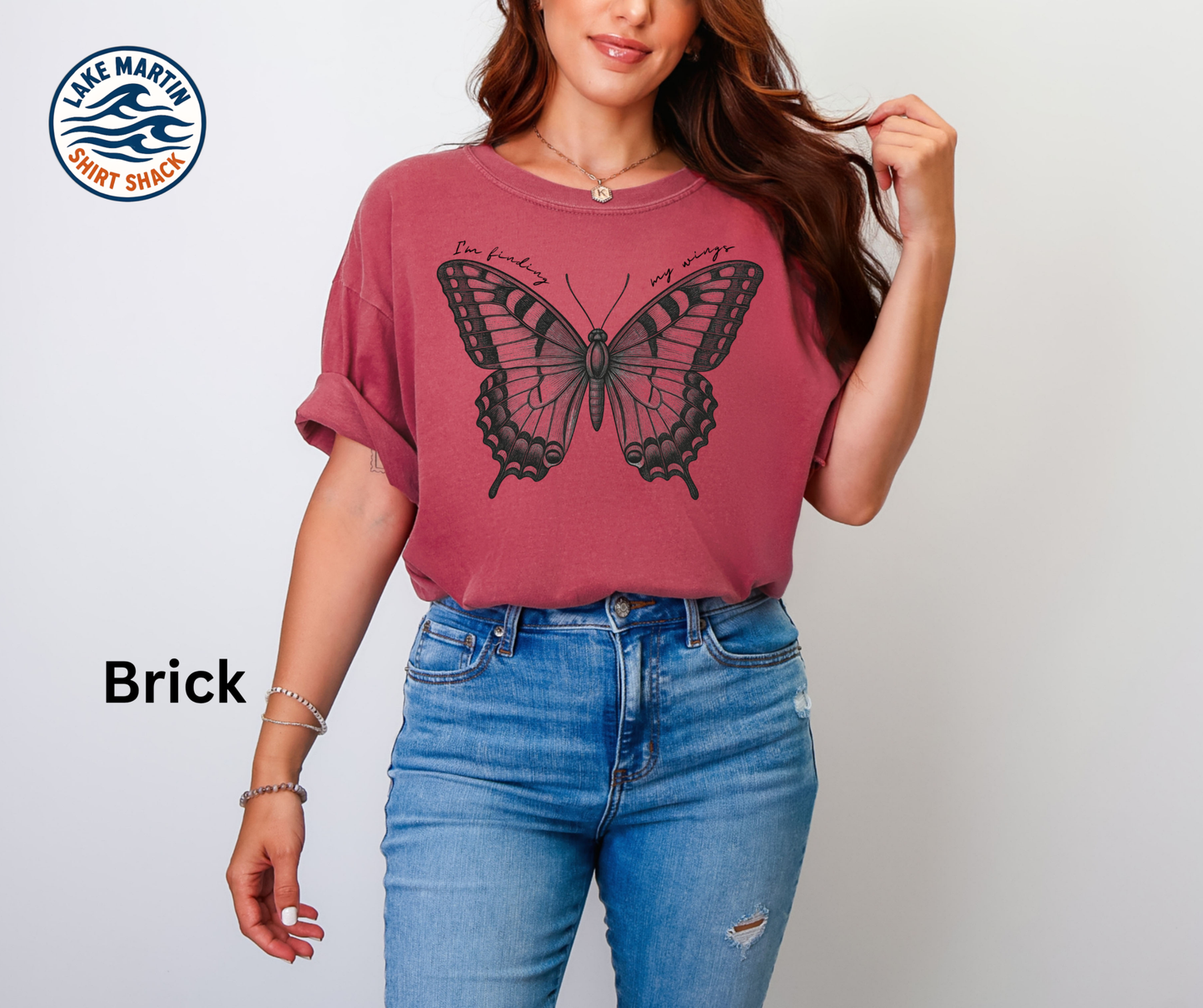 Finding My Wings butterfly graphic on a brick Comfort Colors T-shirt
