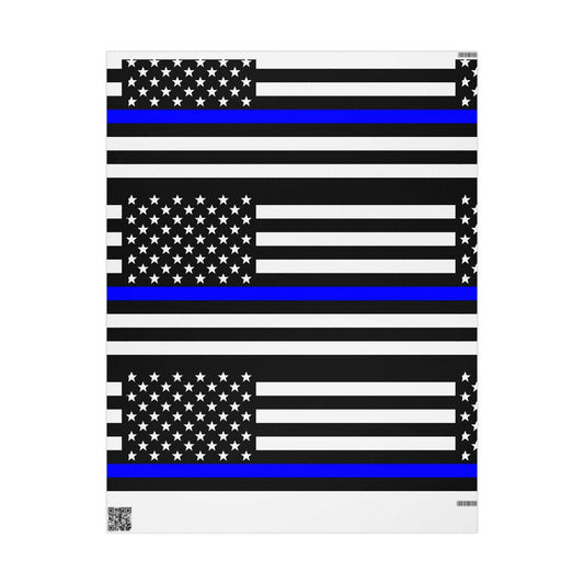 Thin Blue Line American Flag wrapping paper with black and white stripes and a single blue line on fine-art paper