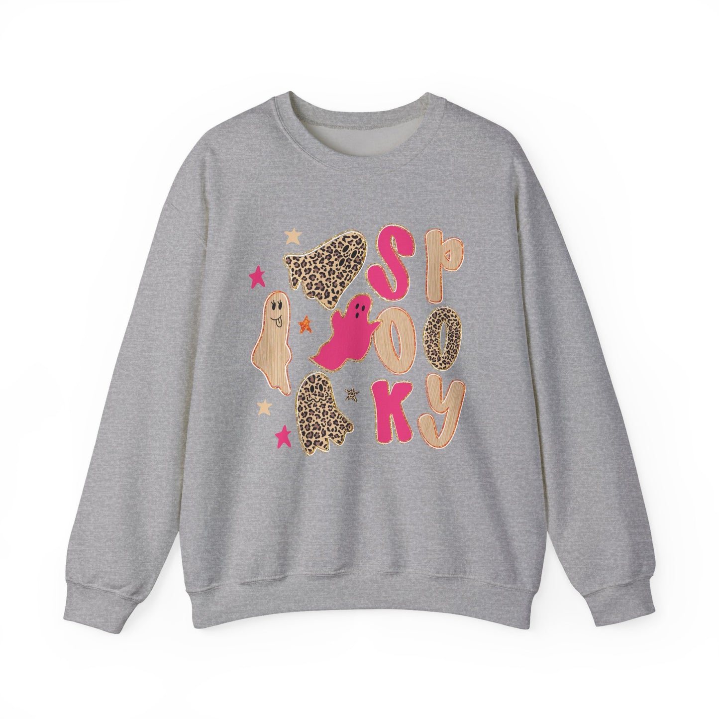 A heather gray crewneck sweatshirt featuring a 'Spooky' Halloween graphic with pink and leopard-print ghosts, stars, and textured letters on the front, displayed against a plain white background.