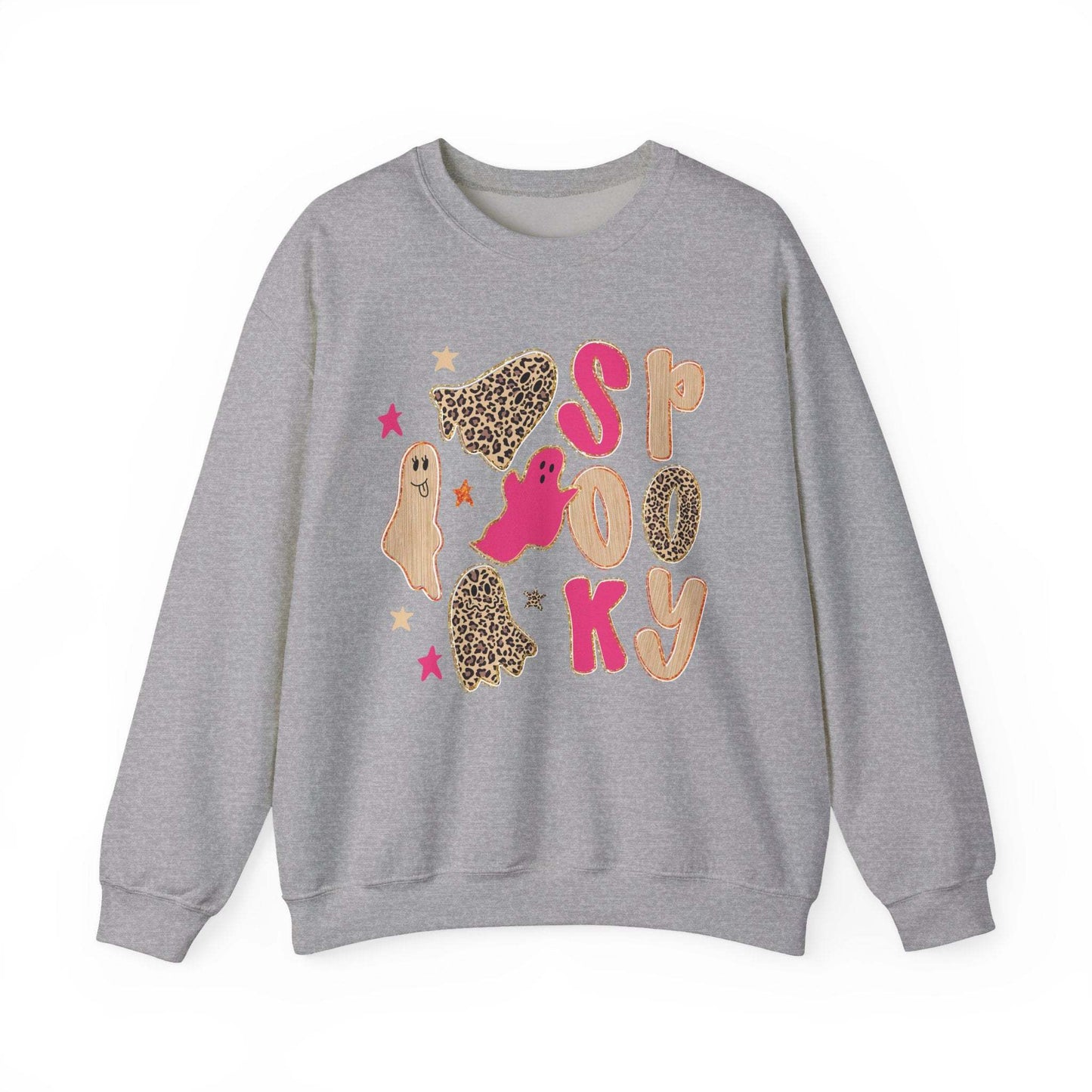 Pink crewneck sweatshirt with spooky leopard print ghosts and Halloween lettering