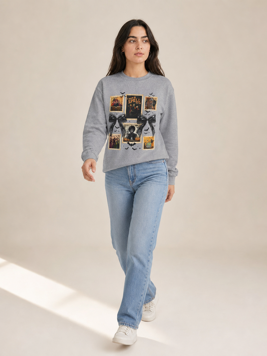 Woman modeling a Sport Grey crewneck sweatshirt featuring a vintage witch-themed Halloween collage with black bows, bats, pumpkins, and orange accents.