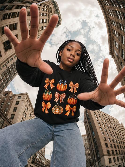 A woman wearing a black long-sleeve graphic sweatshirt with a pumpkin and bow pattern, paired with light blue jeans, posing in an urban setting with skyscrapers in the background.