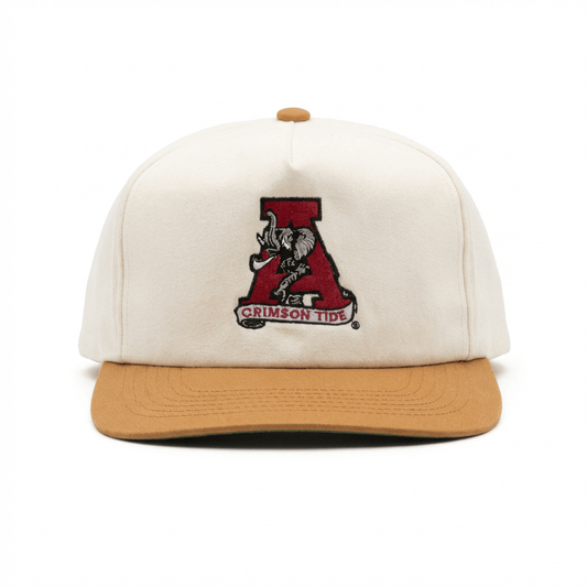 Alabama Crimson Tide two-tone snapback hat in cream cotton with tan brim and embroidered vintage A logo