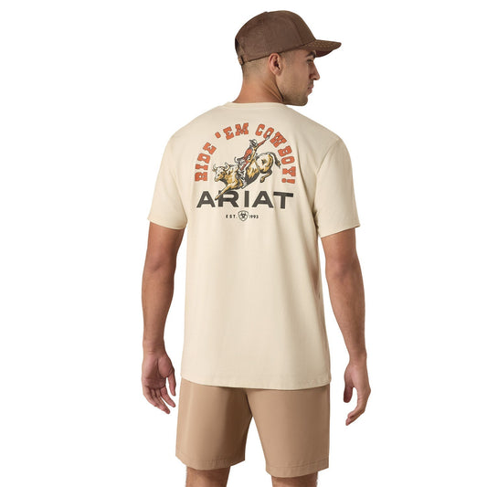Ariat Mens Short Sleeve Shirt in beige 100% cotton with a "Ride Em Cowboy" western graphic and bold Ariat logo on back.