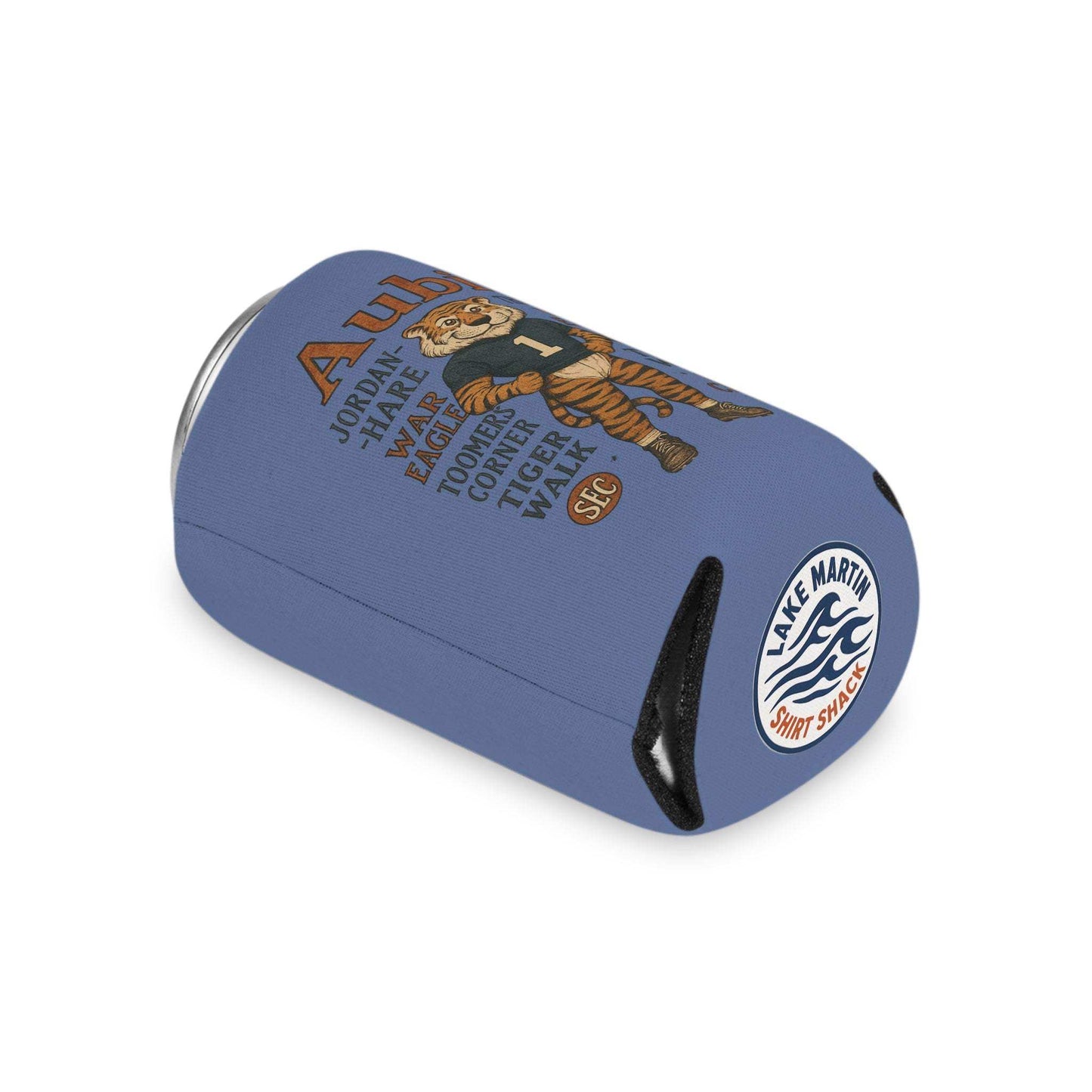 Aubie Mascot Can Cooler in blue polyester with vintage Auburn tiger mascot and black trim on one end