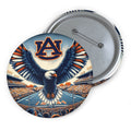 Auburn Eagle Stadium Pin metal button featuring a glossy blue and orange eagle design over a football stadium