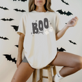 BOO Halloween Graphic Tee in ivory cotton with bold retro lettering, two ghosts, stars, and a bow detail