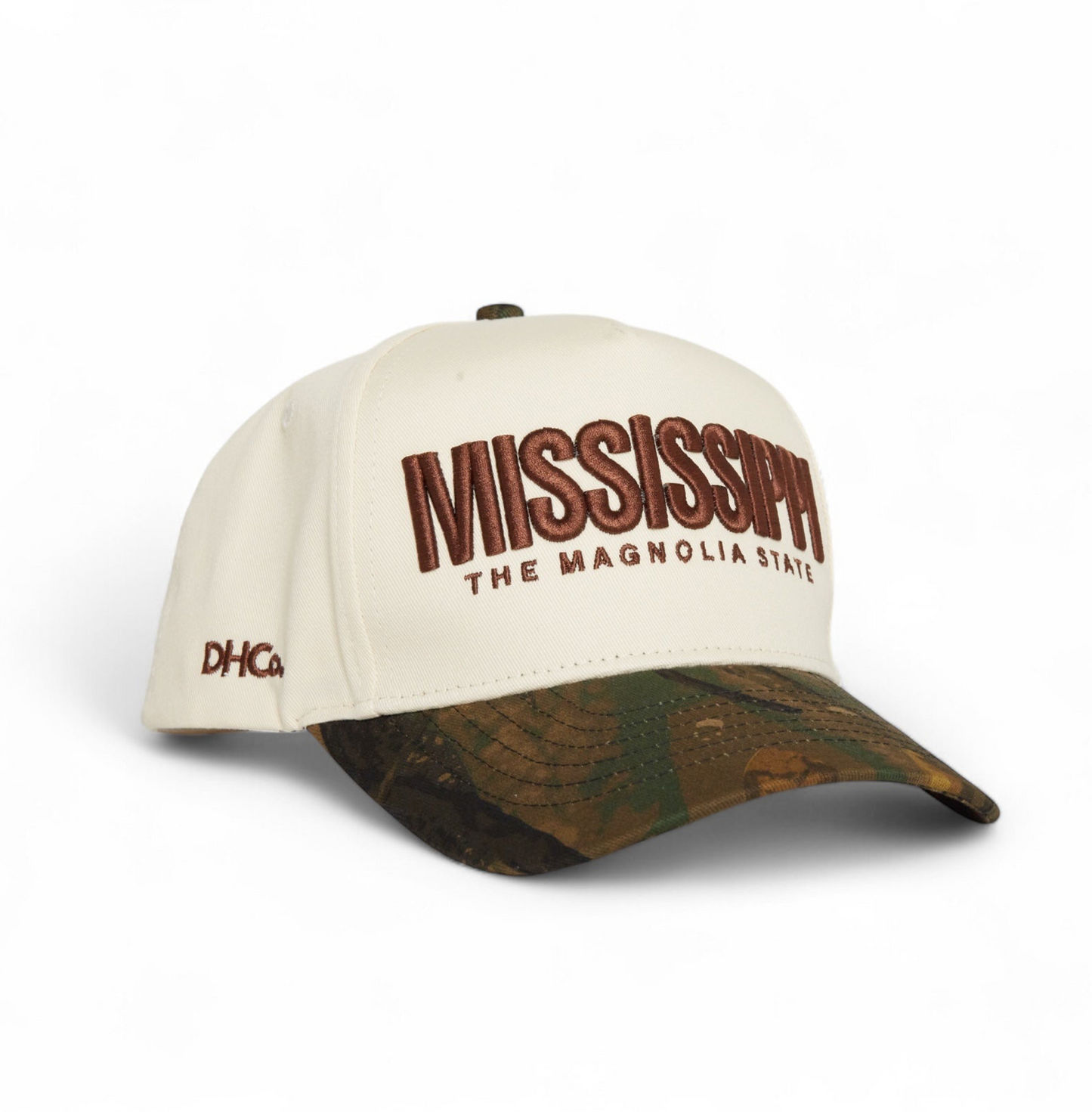 Camo Mississippi Snapback in beige and brown camouflage with curved brim and embroidered Mississippi front