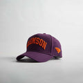 Clemson South Carolina purple snapback cap with orange 3D embroidery and stitched state logo detail