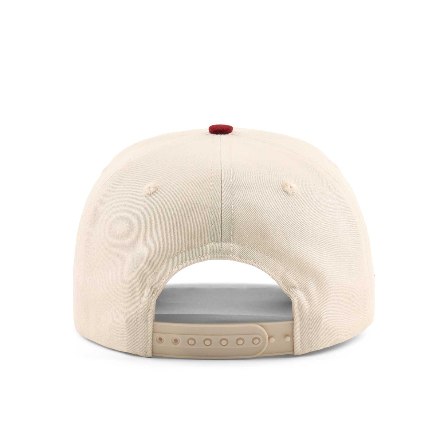 College Station Script Hat in beige cotton with a maroon top button and adjustable snapback closure