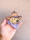 Cowboy Puppy Freshie featuring a tan puppy in a cowboy hat with a purple bandana and collar