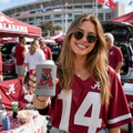 Crimson Tide A Elephant Can Cooler in gray neoprene featuring a vintage elephant and crimson A logo held by a woman in a crimson jersey