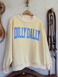 Dillydally Mock Neck Sweatshirt in butter yellow cotton blend with blue DILLYDALLY graphic and mock neckline
