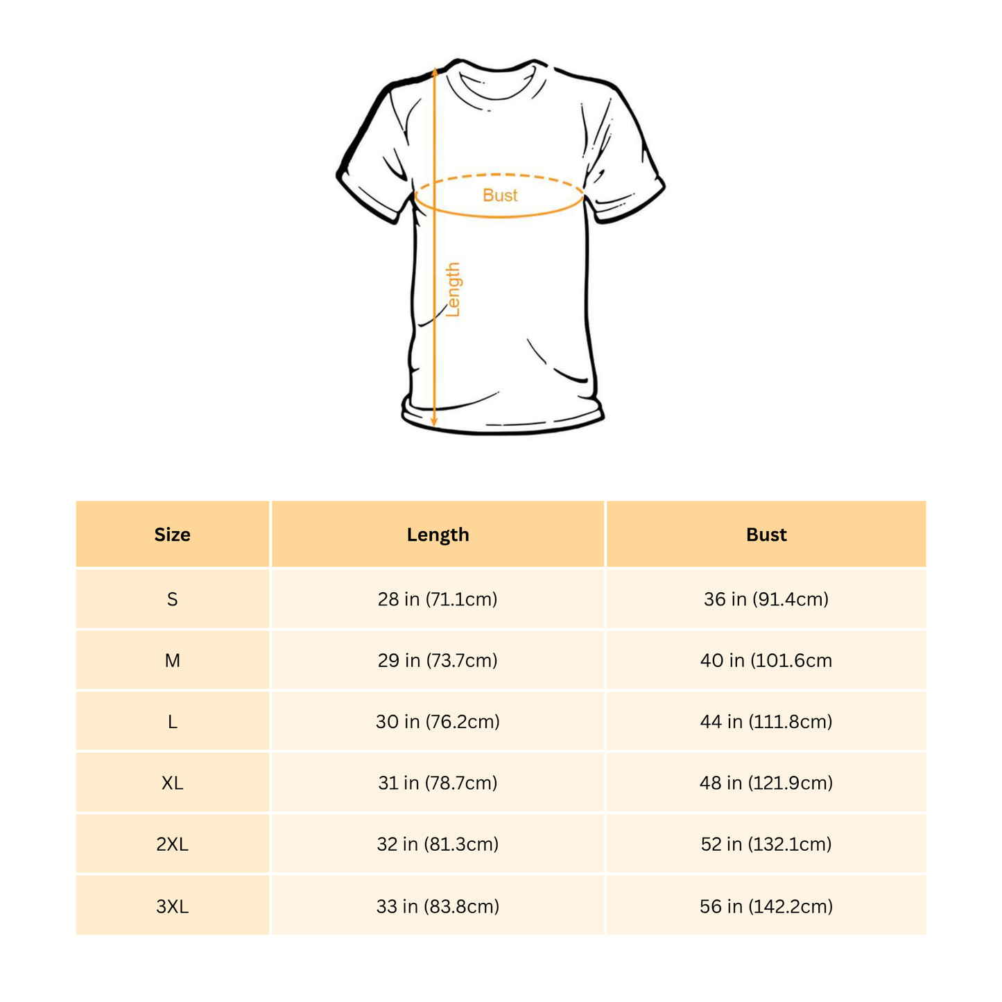 Ellas Fellas Club T-shirt size chart showing garment length and bust measurements for sizes S to 3XL