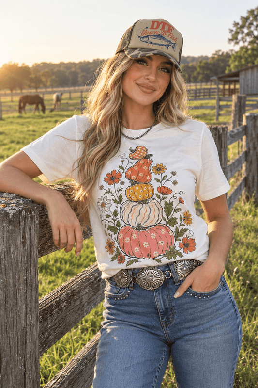 Unisex Floral Pumpkin Stack Graphic Tee made from 100% combed ring spun cotton, printed on District, made in the USA