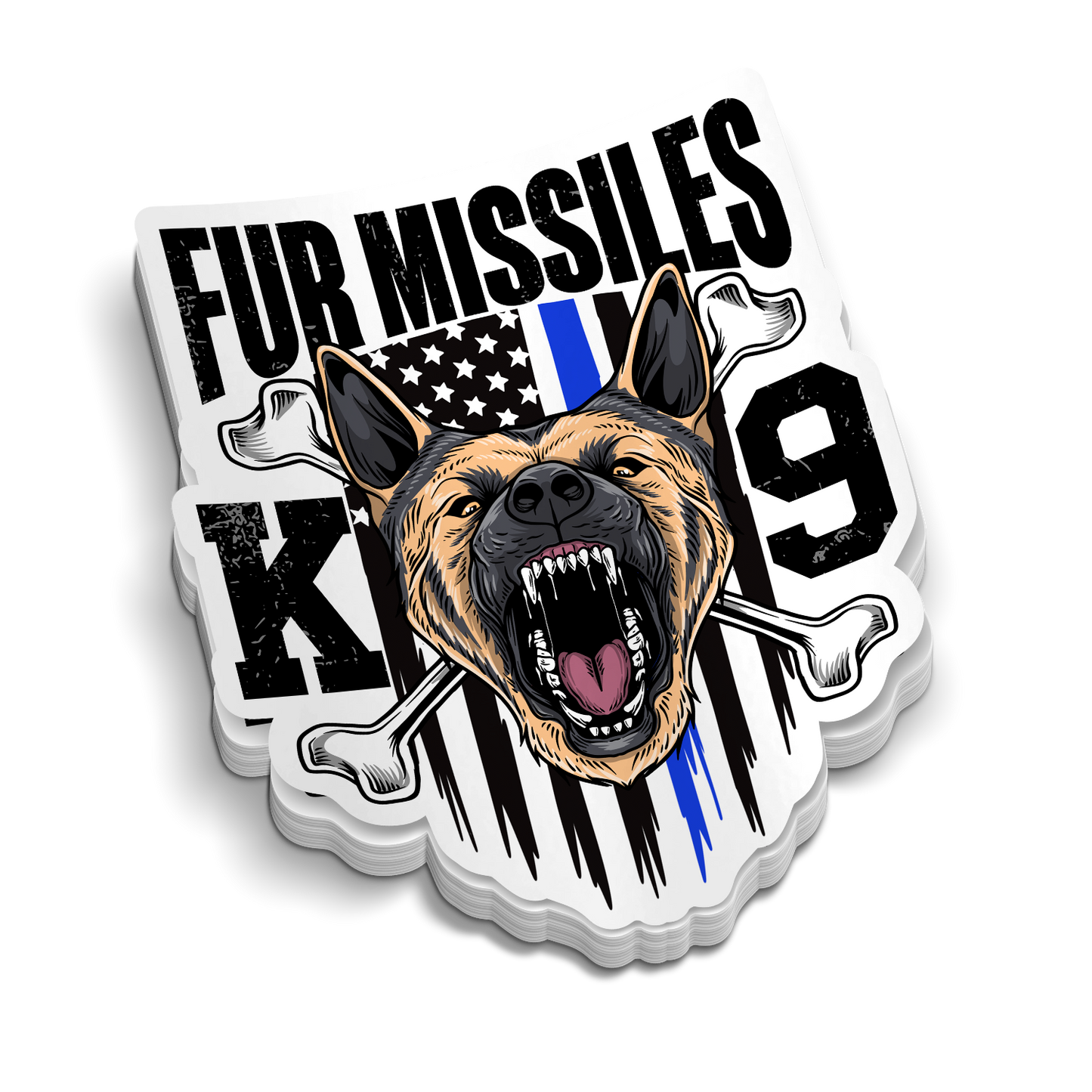 Fur Missiles Police K9 sticker featuring a snarling German Shepherd, bones, flag and bold black lettering