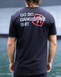 GDDS shirt in black cotton with distressed white GO DO DANGEROUS SHIT slogan and red geometric graphic