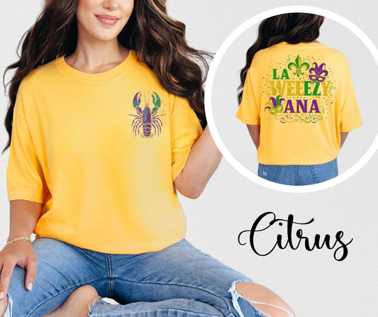 LA Weezy Ana Mardi Gras Shirt with crawfish and fleur-de-lis design on soft Comfort Colors T-shirt