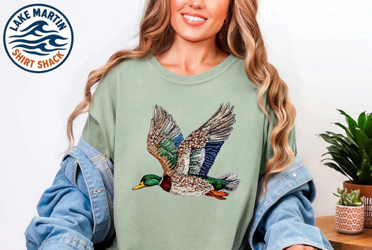 Faux sequin mallard duck graphic printed on a Comfort Colors T-shirt