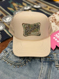 Black trucker hat with breathable mesh and adjustable snap back featuring Hunting Season patch