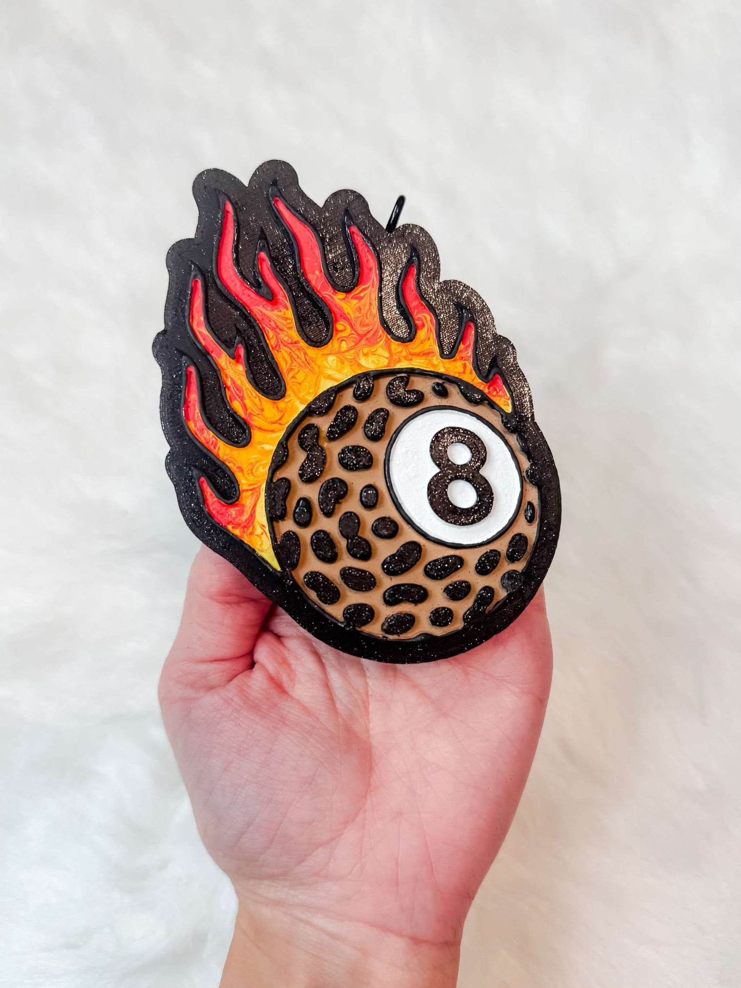 Leopard 8 Ball Freshie car air freshener with customizable colors and scents