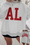 Light Grey ribbed mock neck sweatshirt with large red AL print and contrasting hem and cuffs in patchwork design