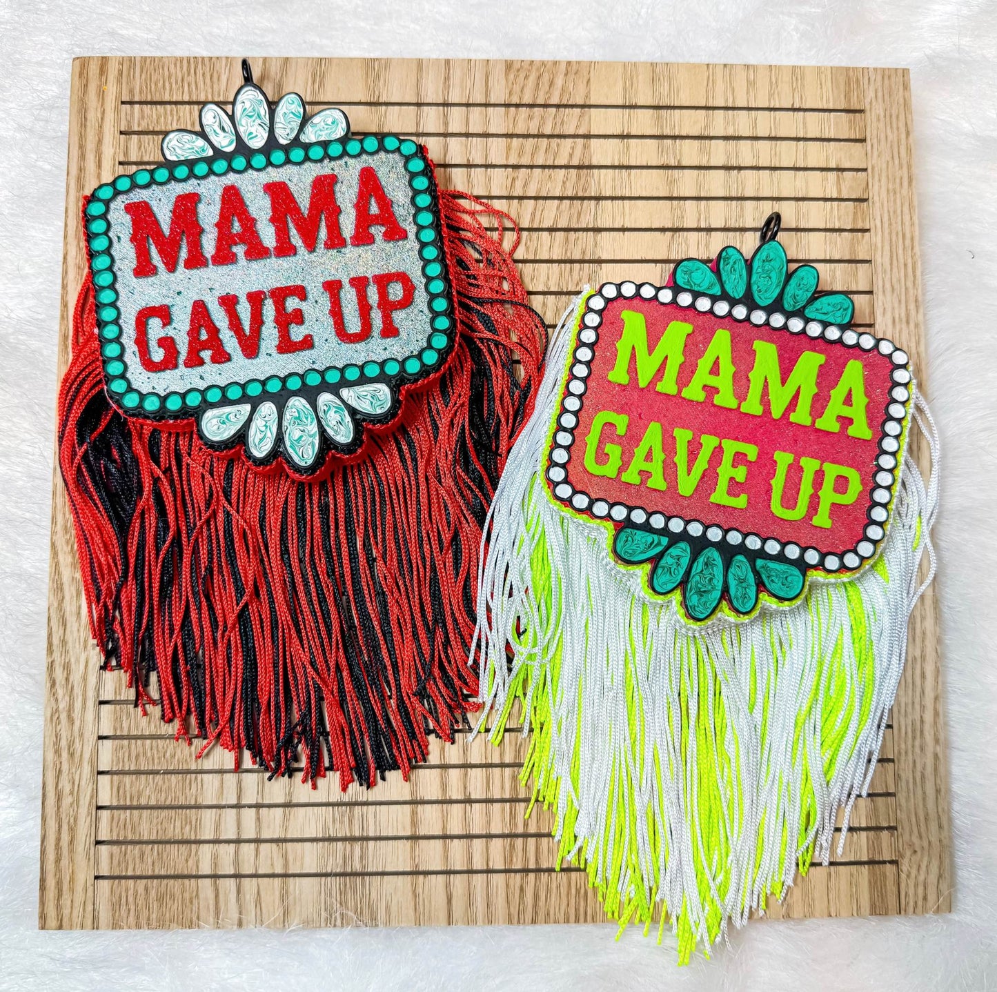 Mama Gave Up beaded fringe freshies in red and black, and neon green and white, with floral accents