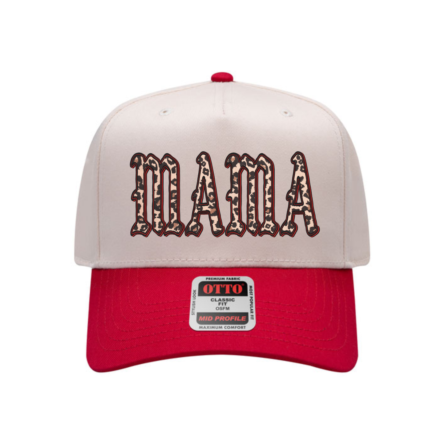 MAMA Leopard Trucker Hat in cream and red with bold leopard-print MAMA lettering and curved brim