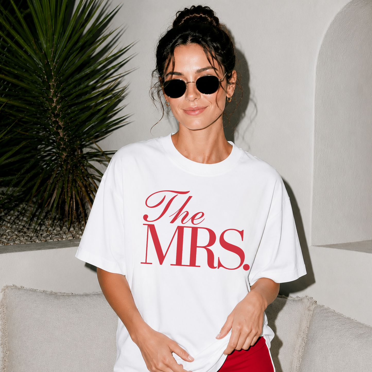 Mrs. Graphic Tee white cotton T-shirt with bold red “The Mrs.” bridal typography and relaxed fit