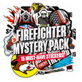Mystery Sticker Packs graphic with bold firefighter and mystery pack lettering, featuring helmets, flames, flags, tools and colorful illustrated designs