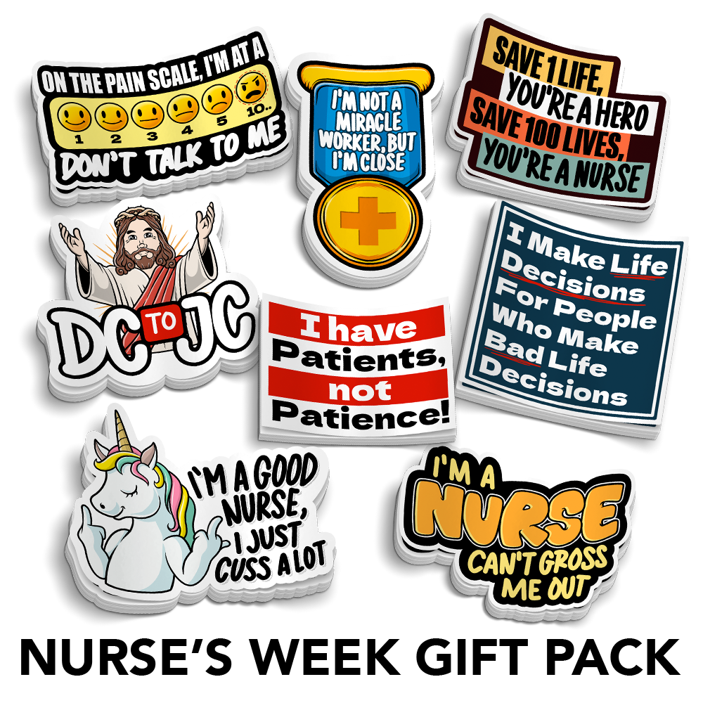 Nurse's Week sticker pack featuring eight colourful vinyl nurse-themed designs with humorous text and medical symbols