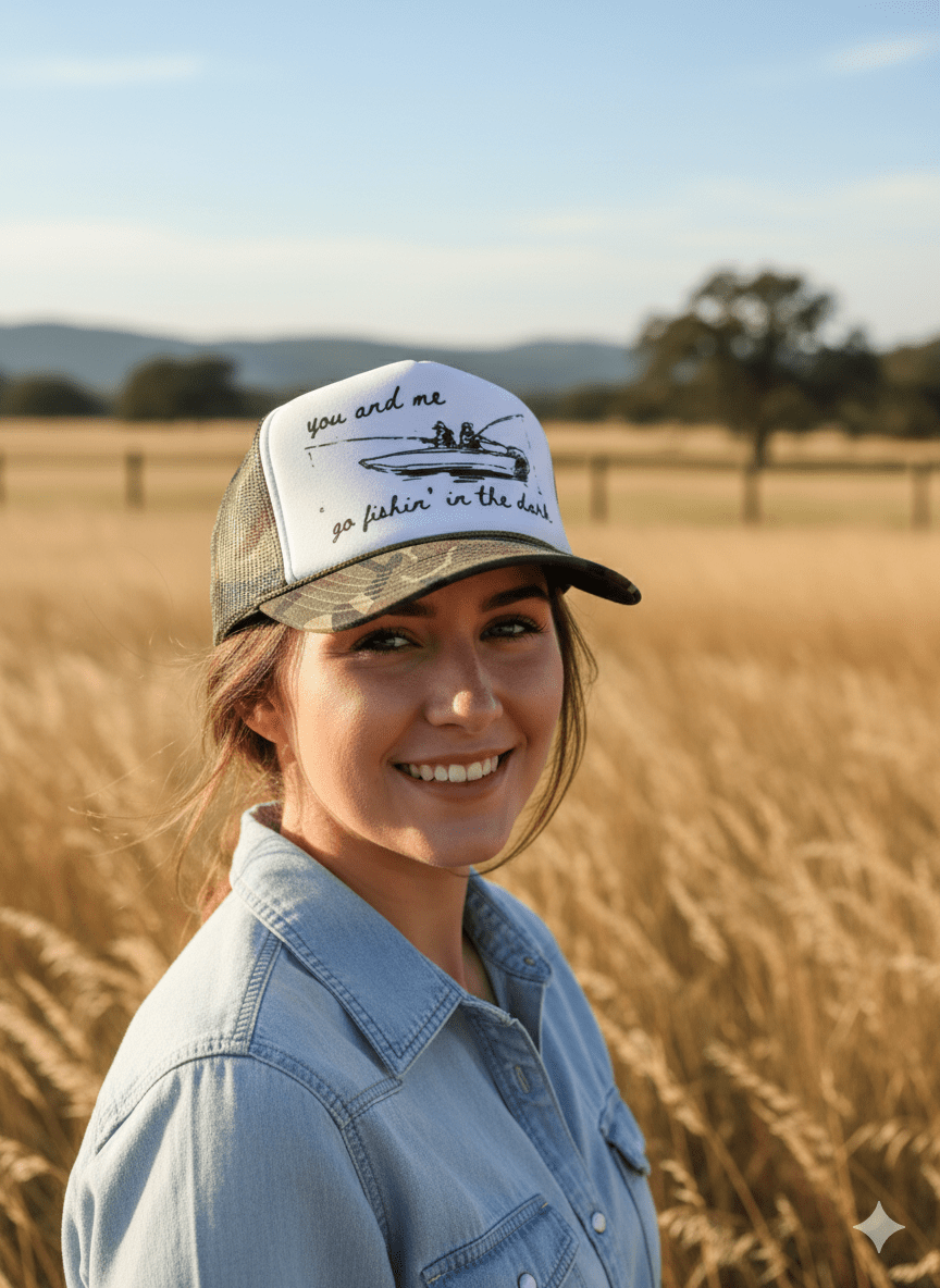 Otto Brand You And Me Go Fishin In The Dark trucker hat with breathable mesh back