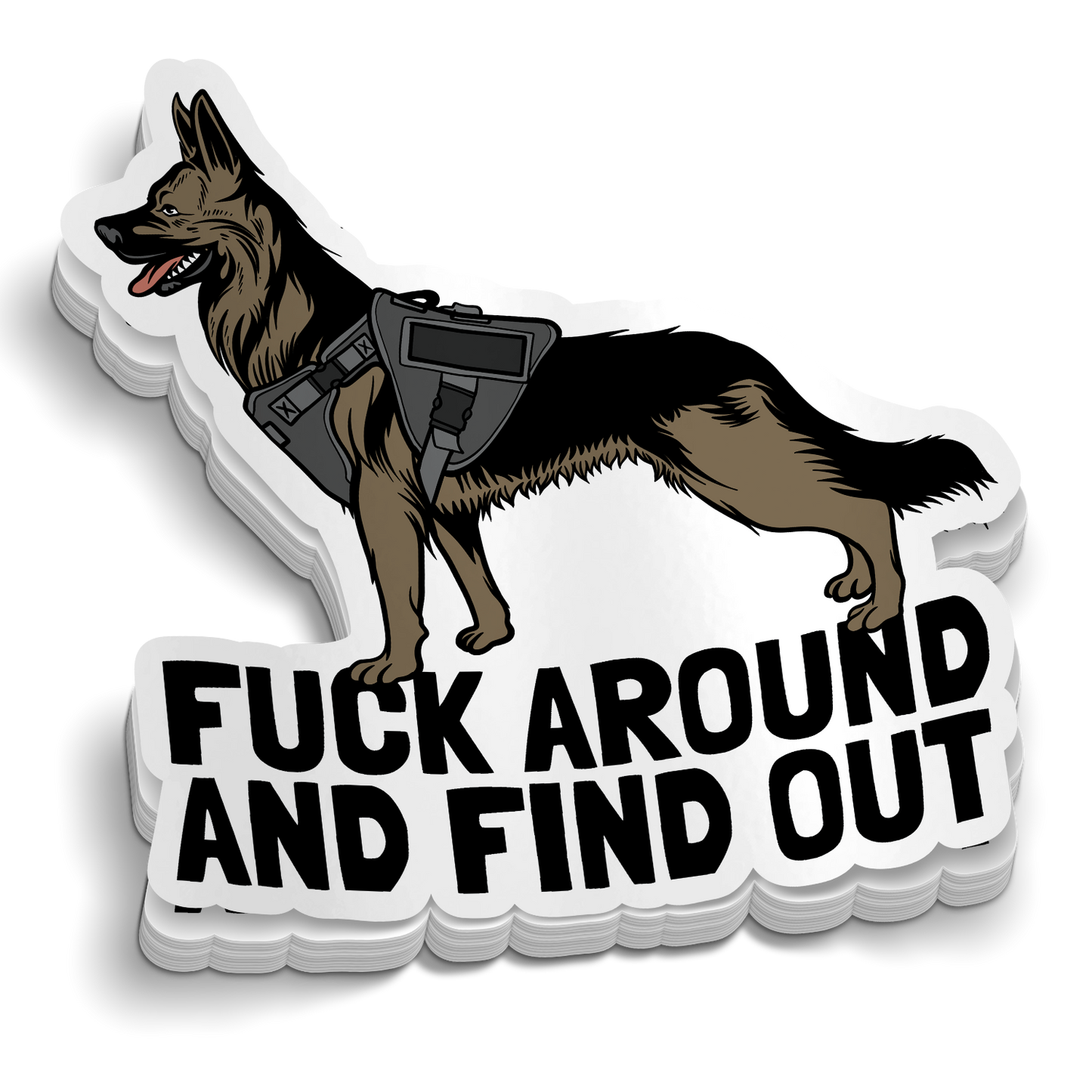 Police K-9 FAFO Sticker featuring a brown and black German Shepherd in tactical gear with bold text “FUCK AROUND AND FIND OUT”