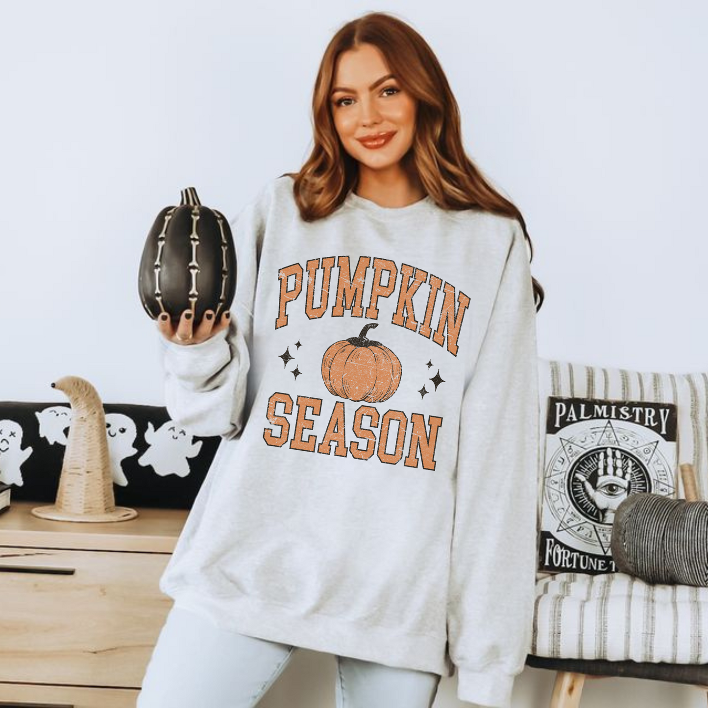 Pumpkin Season Crewneck Sweatshirt in light gray cotton blend with orange pumpkin graphic and collegiate lettering