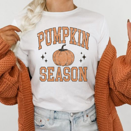Pumpkin Season Graphic Tee in white cotton with distressed orange lettering and pumpkin graphic on the front