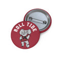 Roll Tide Elephant Pin button with glossy crimson face, white lettering, elephant mascot and steel safety-pin backing