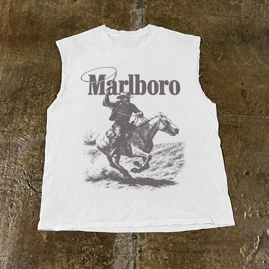 Rugged Man Cut Off Tee in vintage white cotton with raw armholes and a gray Marlboro cowboy graphicprint