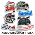 Sticker Gift Packs featuring seven ambulance driver vinyl stickers with emergency vehicles and humorous phrases