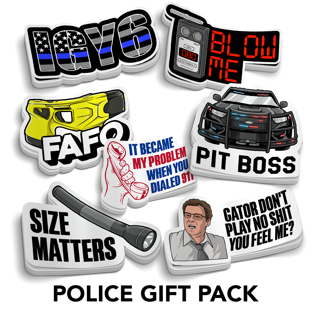 Sticker Gift Packs featuring seven colourful police-themed vinyl stickers with humorous slogans and emergency graphics