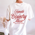 Tequila & Country Music graphic tee in white cotton with bold red script lettering and oversized relaxed fit
