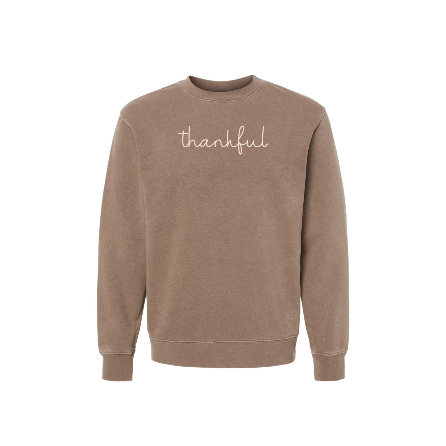 Thankful Script Crewneck Sweatshirt in brown pigment-dyed cotton blend with cream handwritten script and ribbed trim