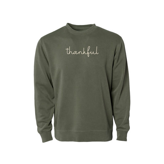 Thankful Script Crewneck Sweatshirt in pigment army green cotton blend with cream handwritten thankful script and ribbed trim