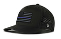 Thin Blue Line Hat in black performance fabric with blue-line American flag patch, perforated panels, and curved bill