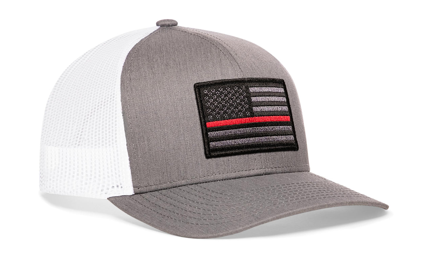 Thin Red Line Trucker Hat in gray and white mesh with an embroidered black and gray American flag patch featuring a red line stripe