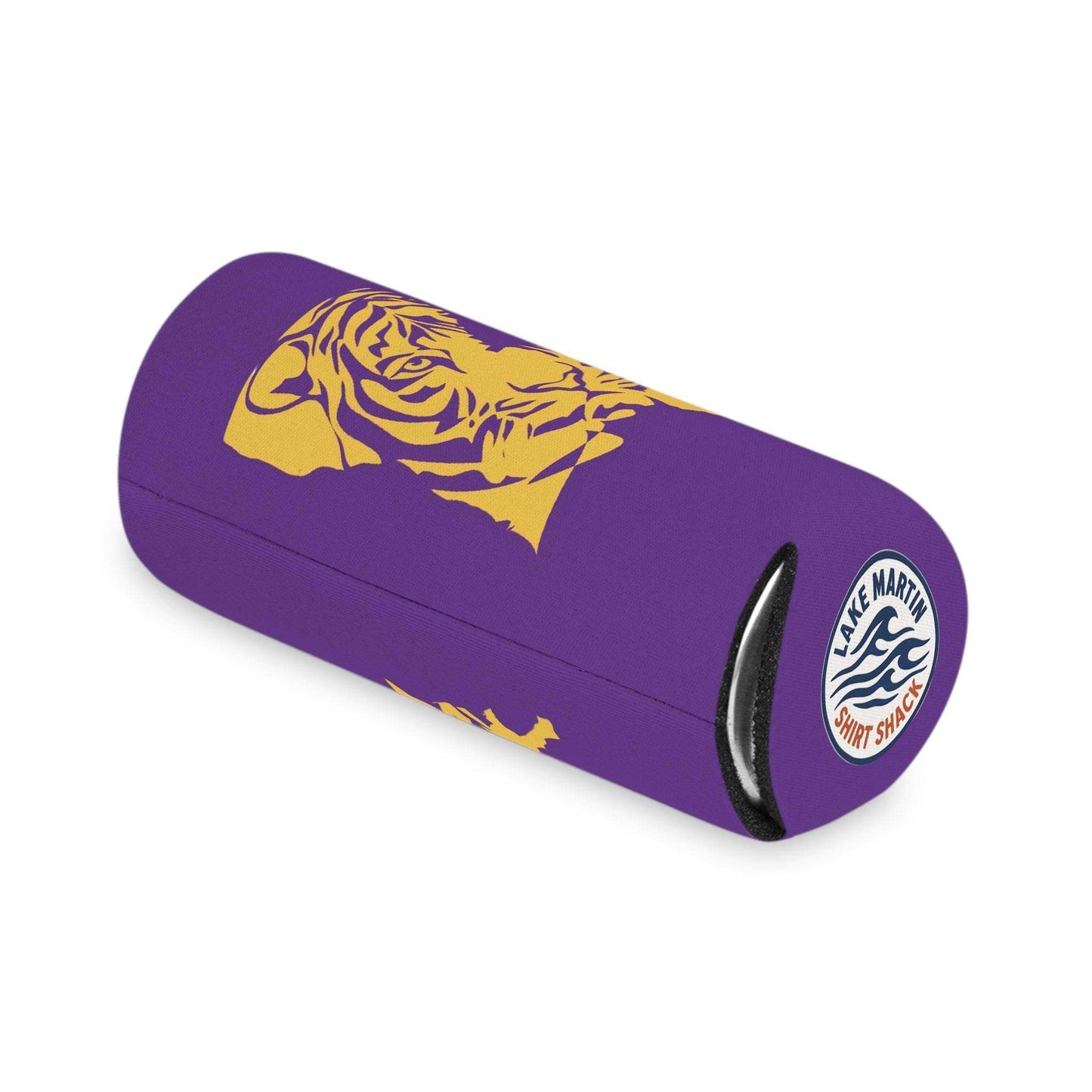 Tiger Silhouette Louisiana Can Cooler in vibrant purple with bold gold tiger silhouette and soft foam interior for snug grip