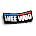 Wee Woo Police Sticker featuring bold white lettering, black outline, and red and blue police lights